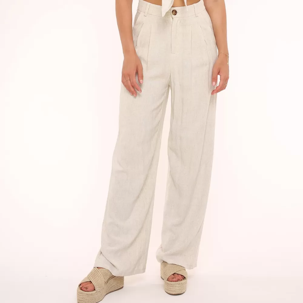 0630 Beige Straight Linen-Trousers<Olivia & Kate Discount