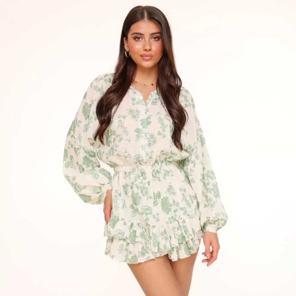 Army Green Flower Printed-Playsuit<Olivia & Kate Cheap