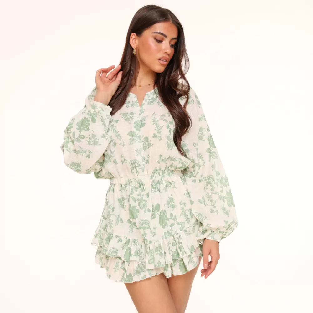 Army Green Flower Printed-Playsuit<Olivia & Kate Cheap