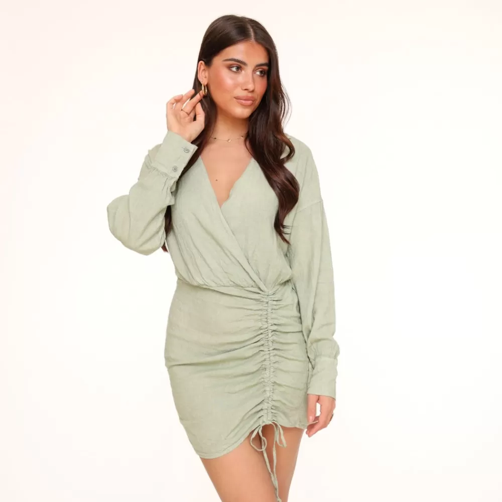 Army Green Linen Draped-Dress<Olivia & Kate Cheap