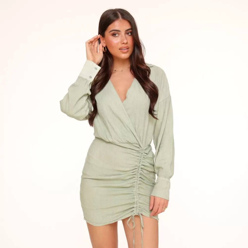 Army Green Linen Draped-Dress<Olivia & Kate Cheap