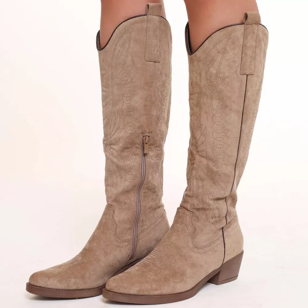 Beige High Suede Cowboy-Boots<Olivia & Kate Store