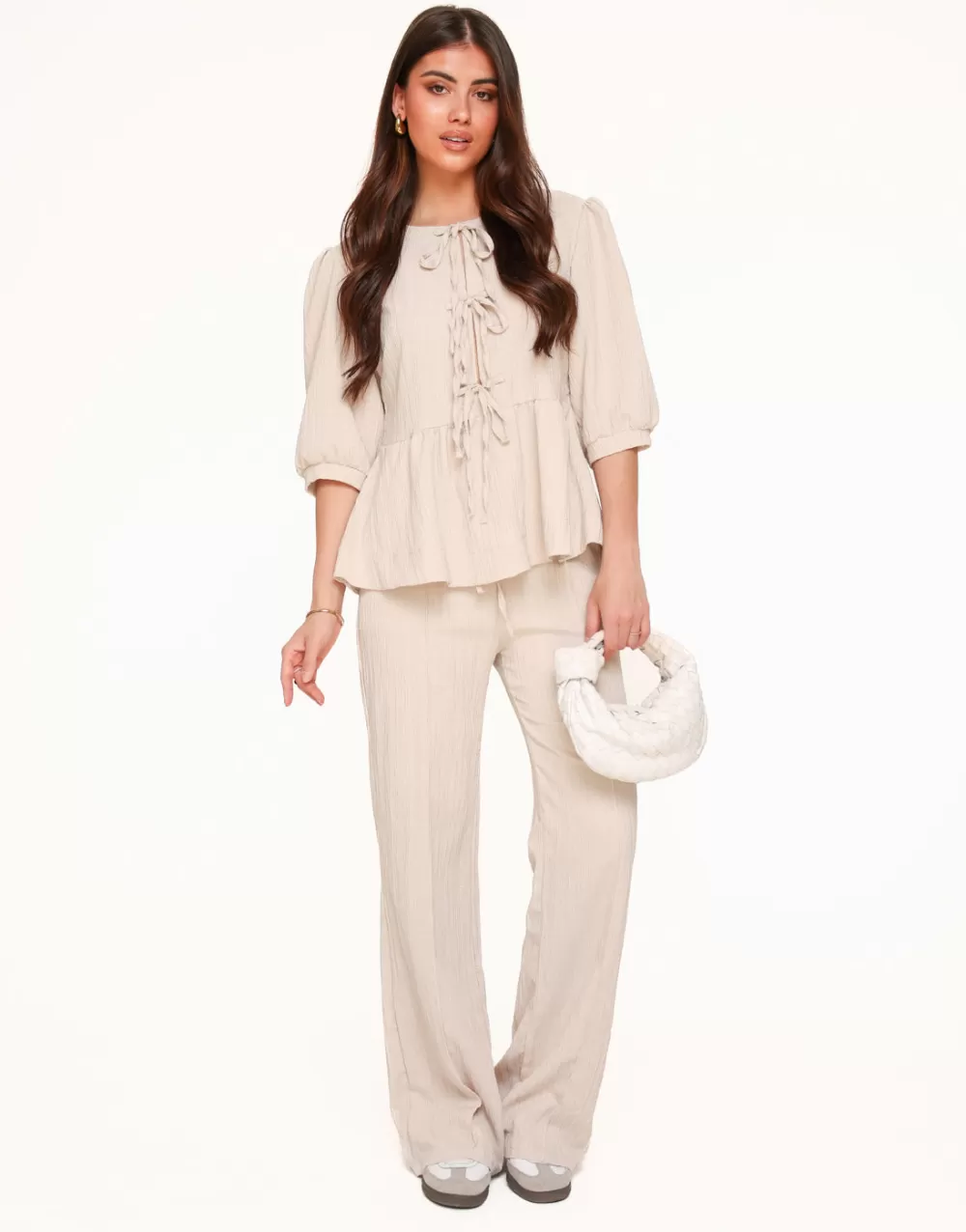 Beige Short Bow Ties Puff Sleeves Pleated-Set<Olivia & Kate Outlet