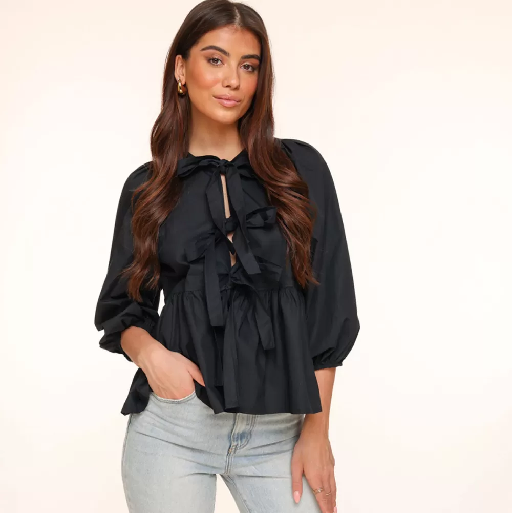 Black Bow Ties 3/4 Sleeves-Blouse<Olivia & Kate Outlet