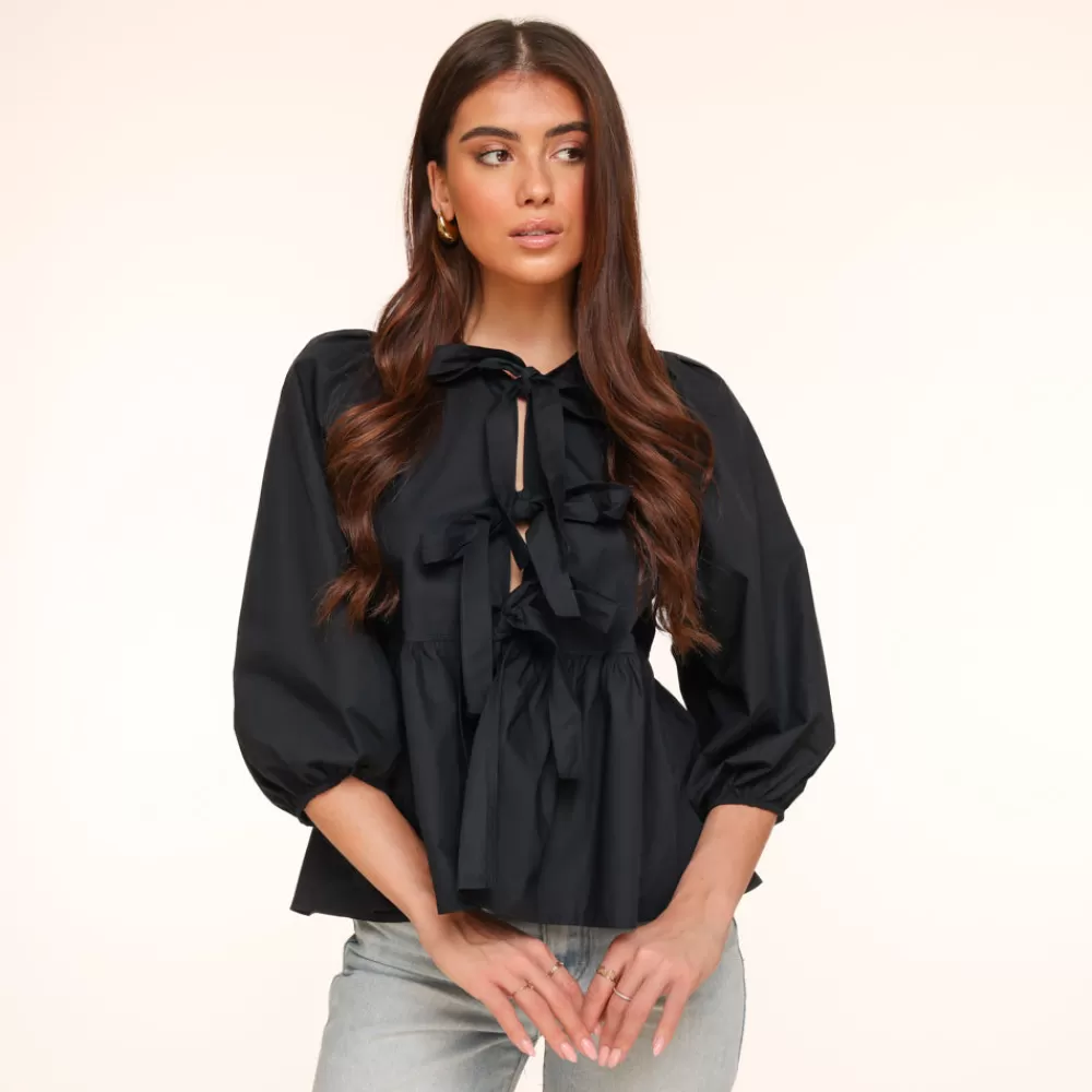 Black Bow Ties 3/4 Sleeves-Blouse<Olivia & Kate Outlet