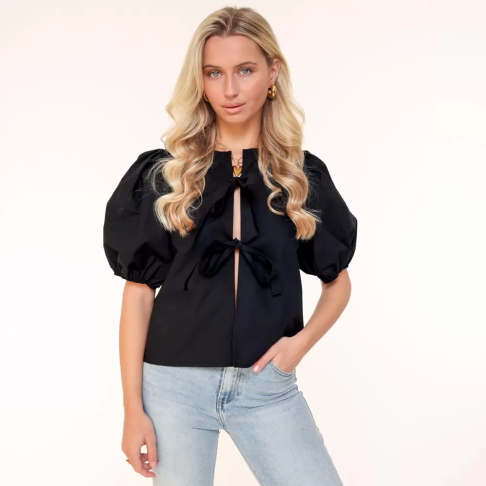 Black Bow Ties Short Puf Sleeves-Top<Olivia & Kate Online