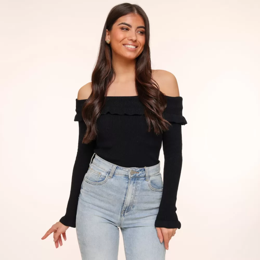 Black Elastic Ruffel Off Shoulder-Top<Olivia & Kate Cheap