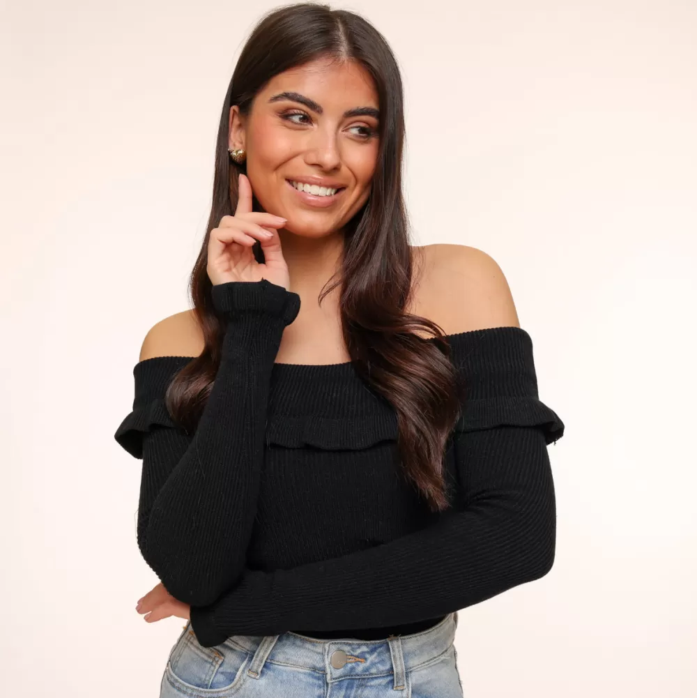 Black Elastic Ruffel Off Shoulder-Top<Olivia & Kate Cheap