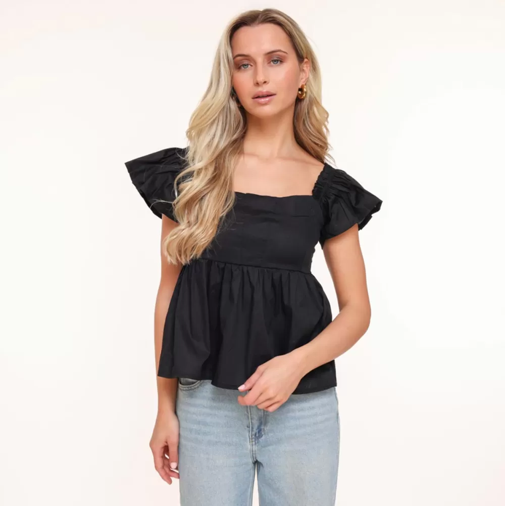 Black Ruffles Ss Sleeves-Top<Olivia & Kate Store