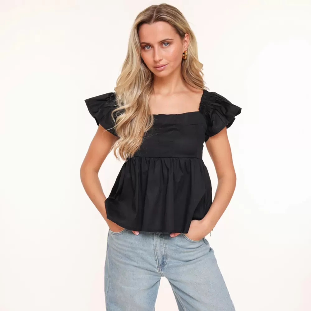 Black Ruffles Ss Sleeves-Top<Olivia & Kate Store