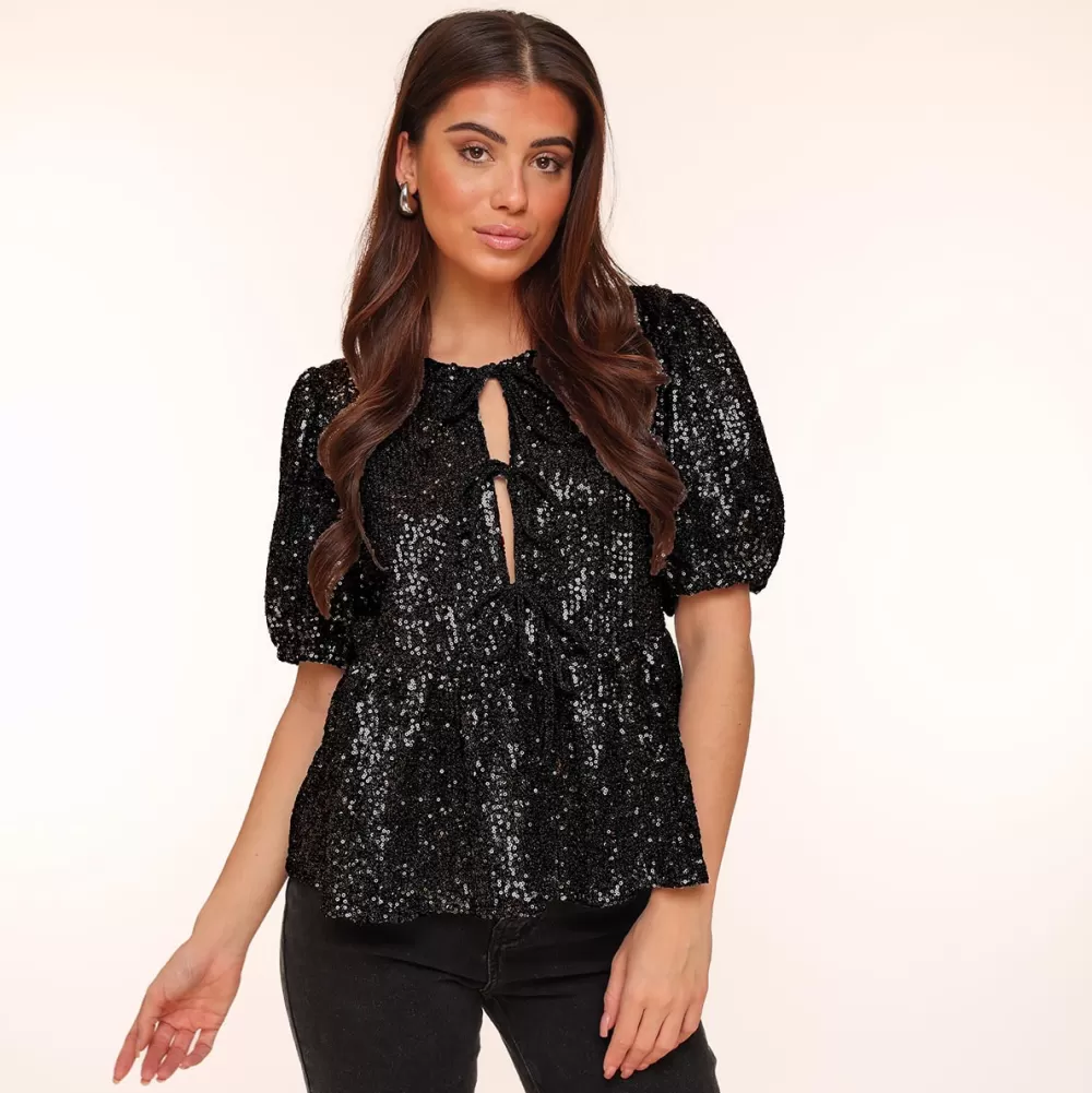 Black Sequins Bow Ties-Top<Olivia & Kate Outlet