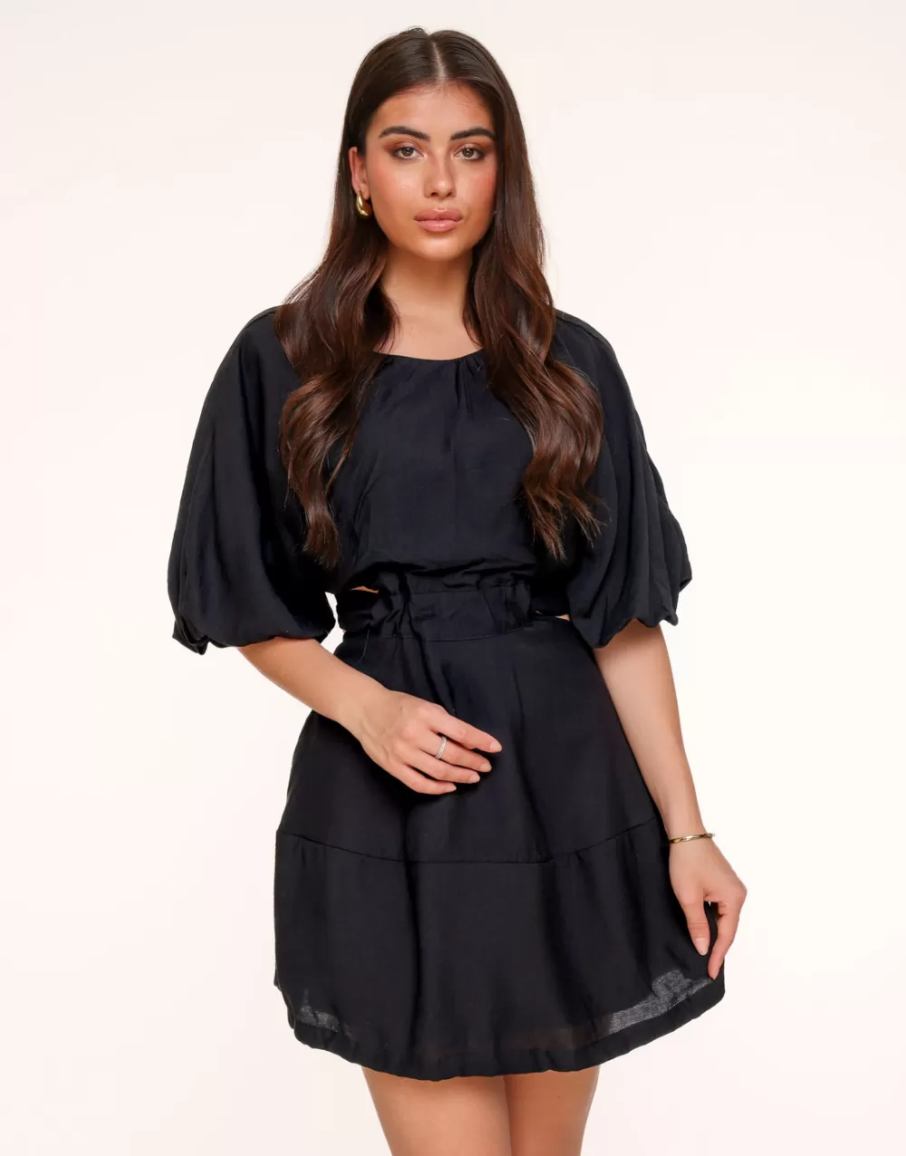 Black Short Puff Sleeves Tie Back-Dress<Olivia & Kate Flash Sale