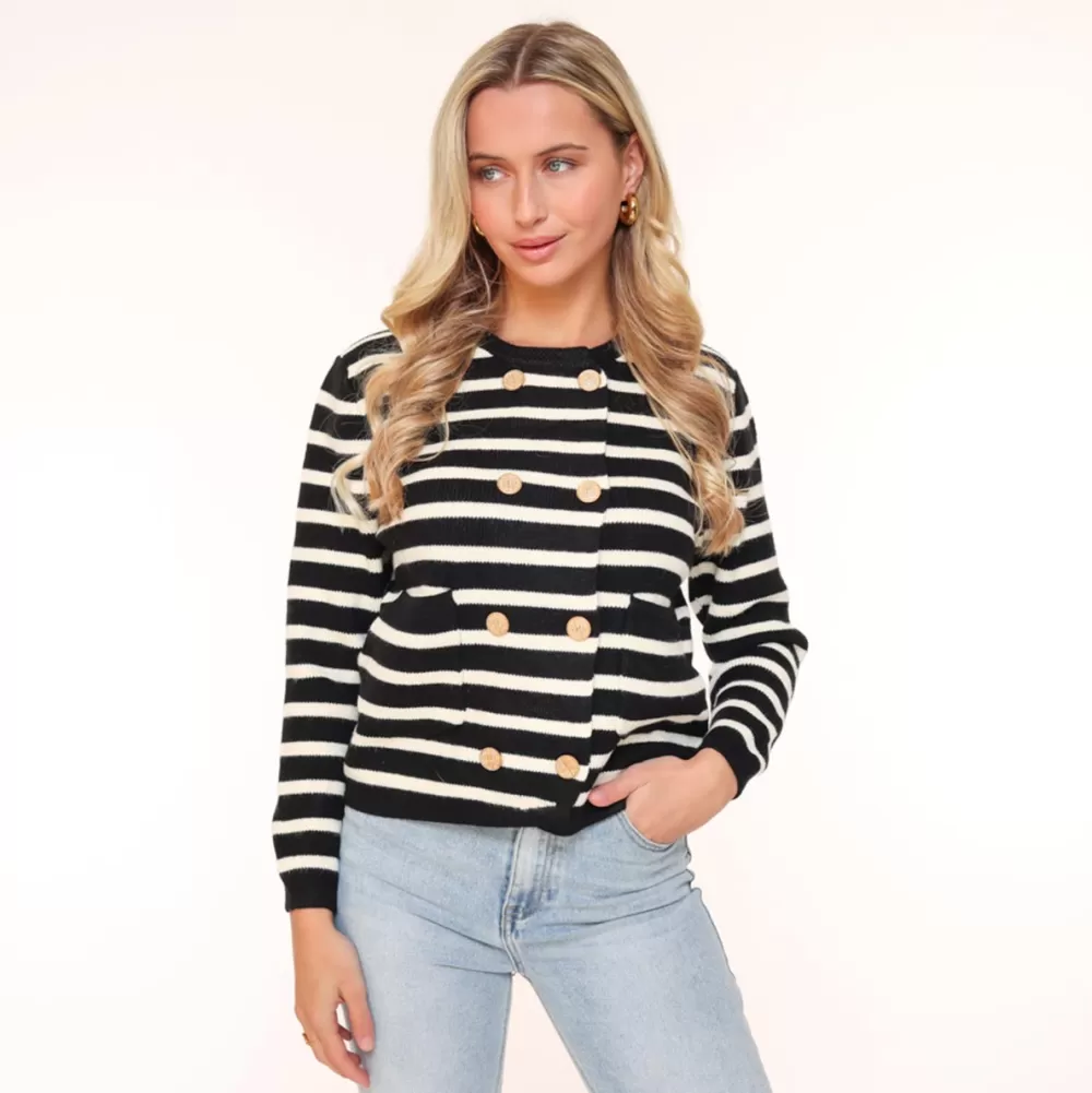 Black Striped Golden Buttons-Cardigan<Olivia & Kate Discount