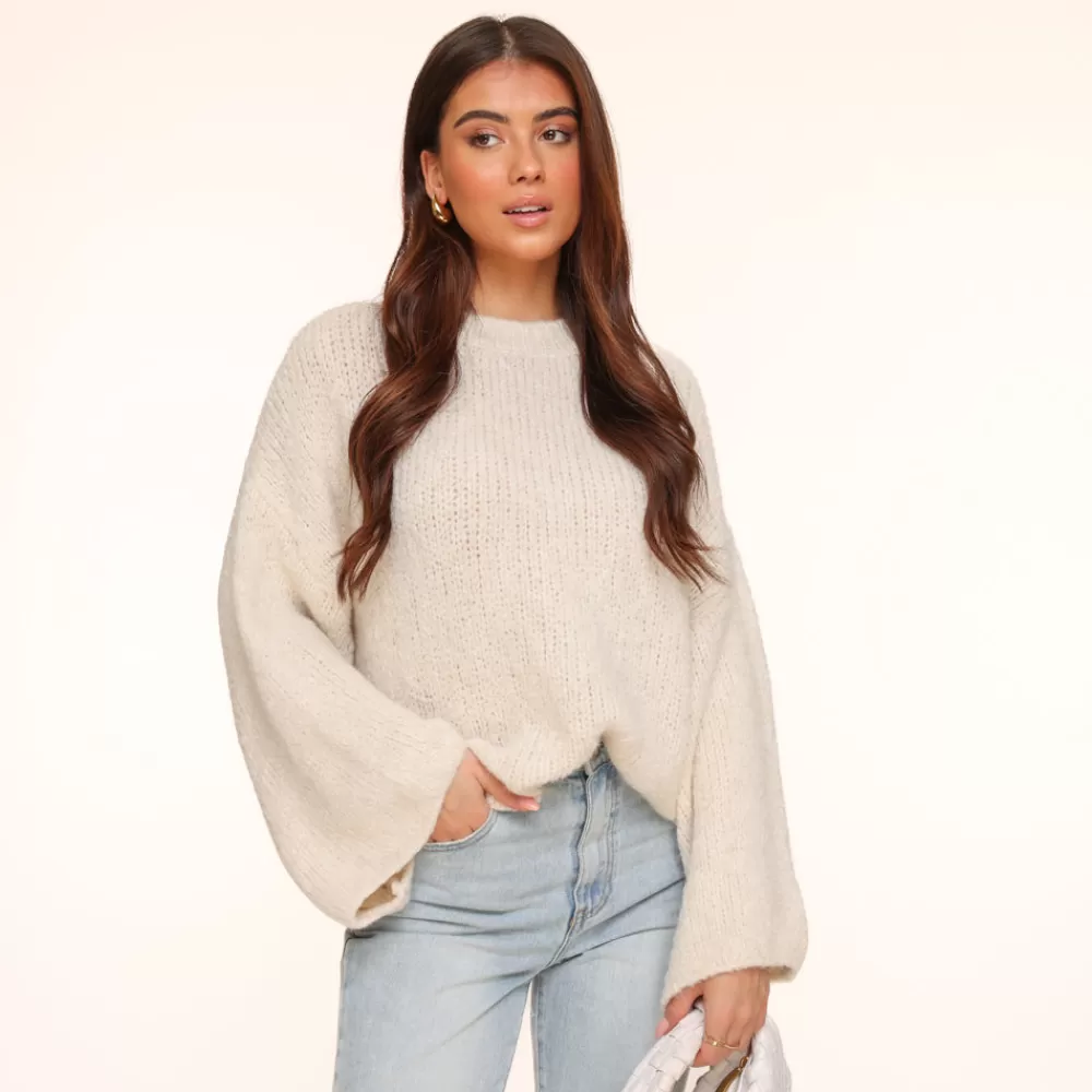 Creme Wool Knitted Wide Sleeves-Sweater<Olivia & Kate Discount