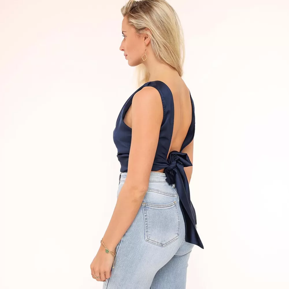 Dark Blue Satin Open Back-Top<Olivia & Kate Clearance