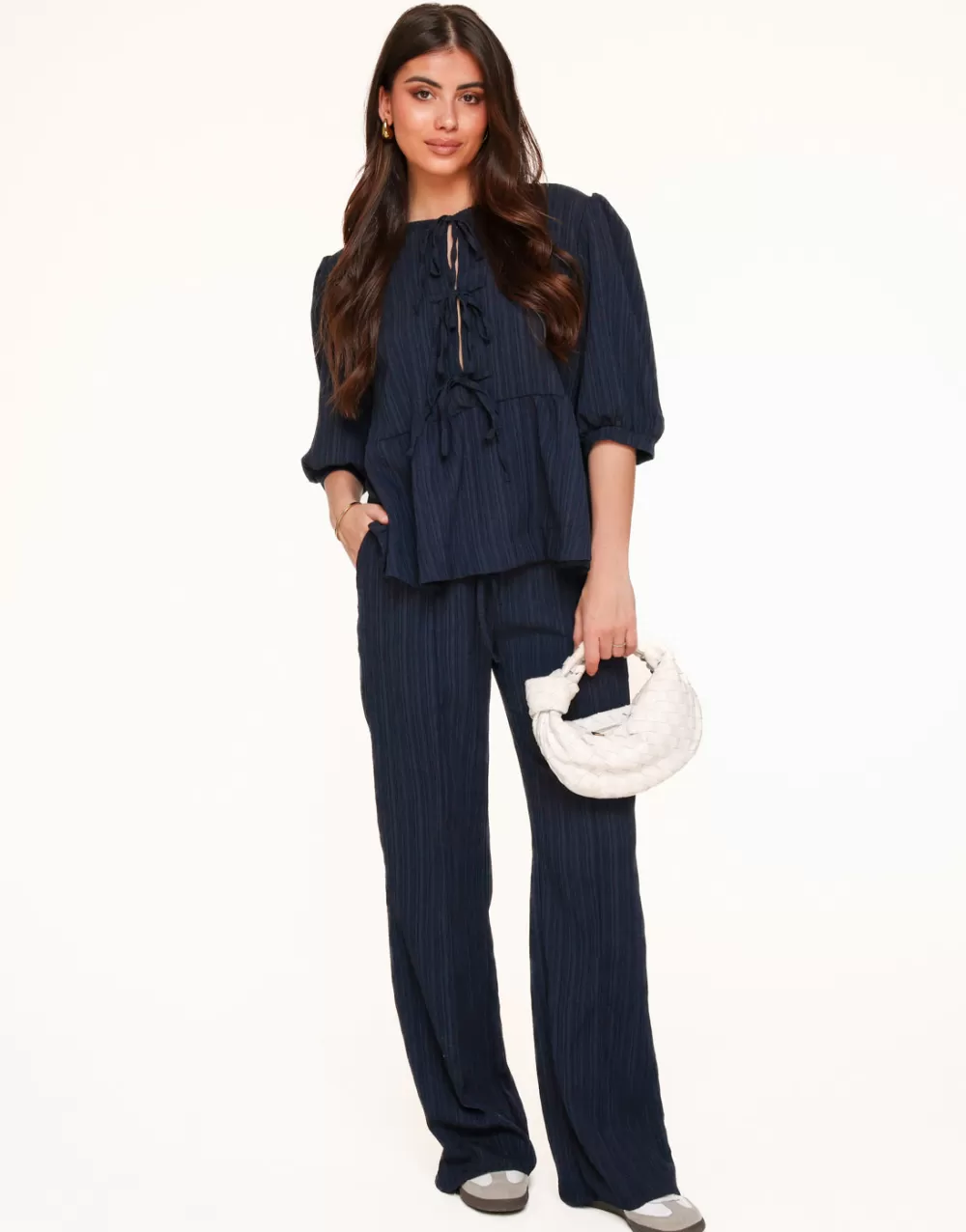 Dark Blue Short Bow Ties Puff Sleeves Pleated-Set<Olivia & Kate Hot