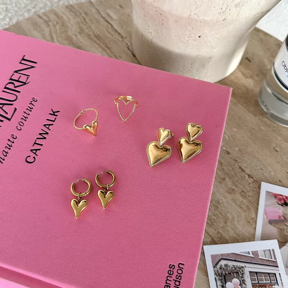 Golden Statement Hearts Ring-Earrings<Olivia & Kate Sale