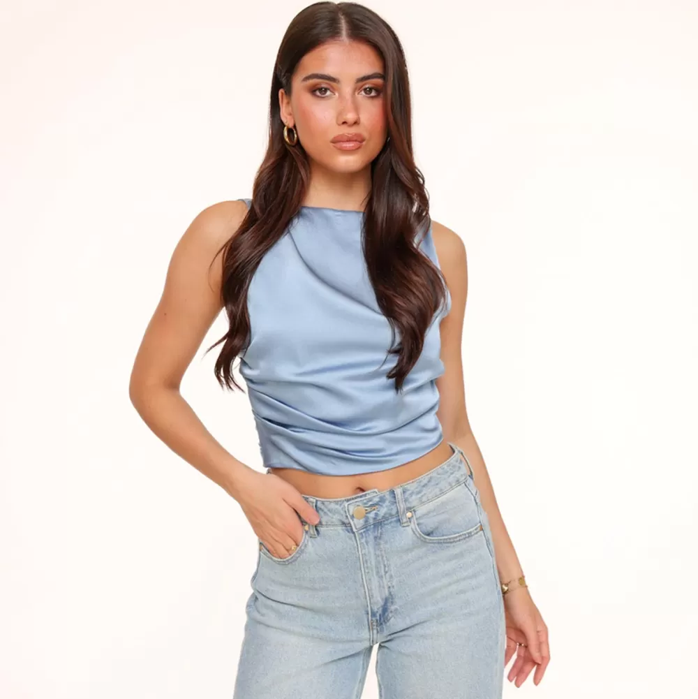 Jeans Blue Satin Open Back-Tops<Olivia & Kate Store