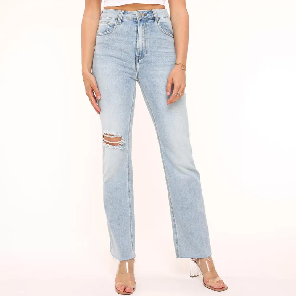 Light Blue Straight Ripped-Jeans<Olivia & Kate Discount