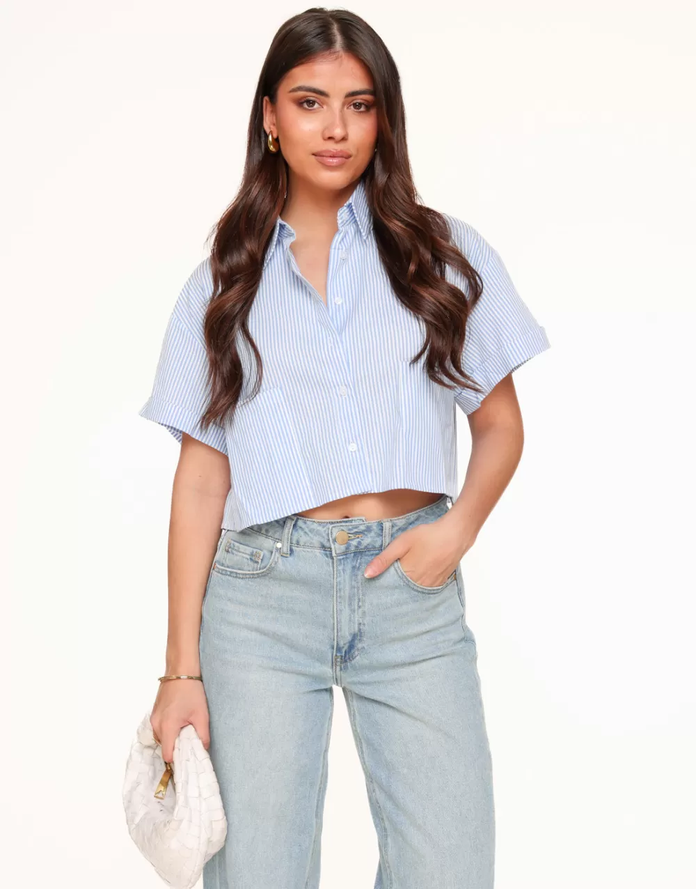 Light Blue Striped Cropped Ss-Blouse<Olivia & Kate New