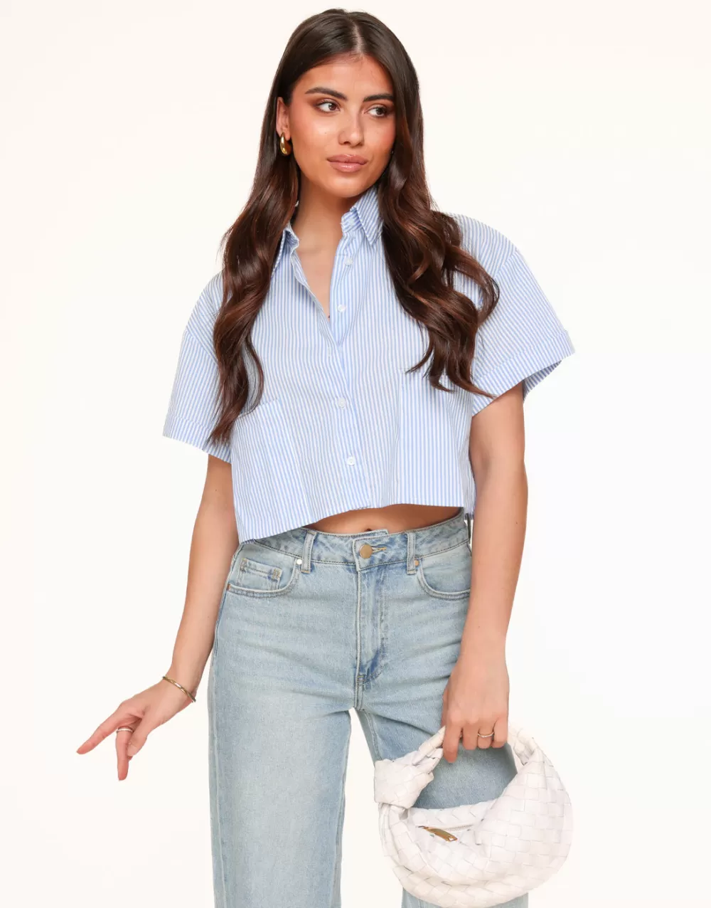 Light Blue Striped Cropped Ss-Blouse<Olivia & Kate New