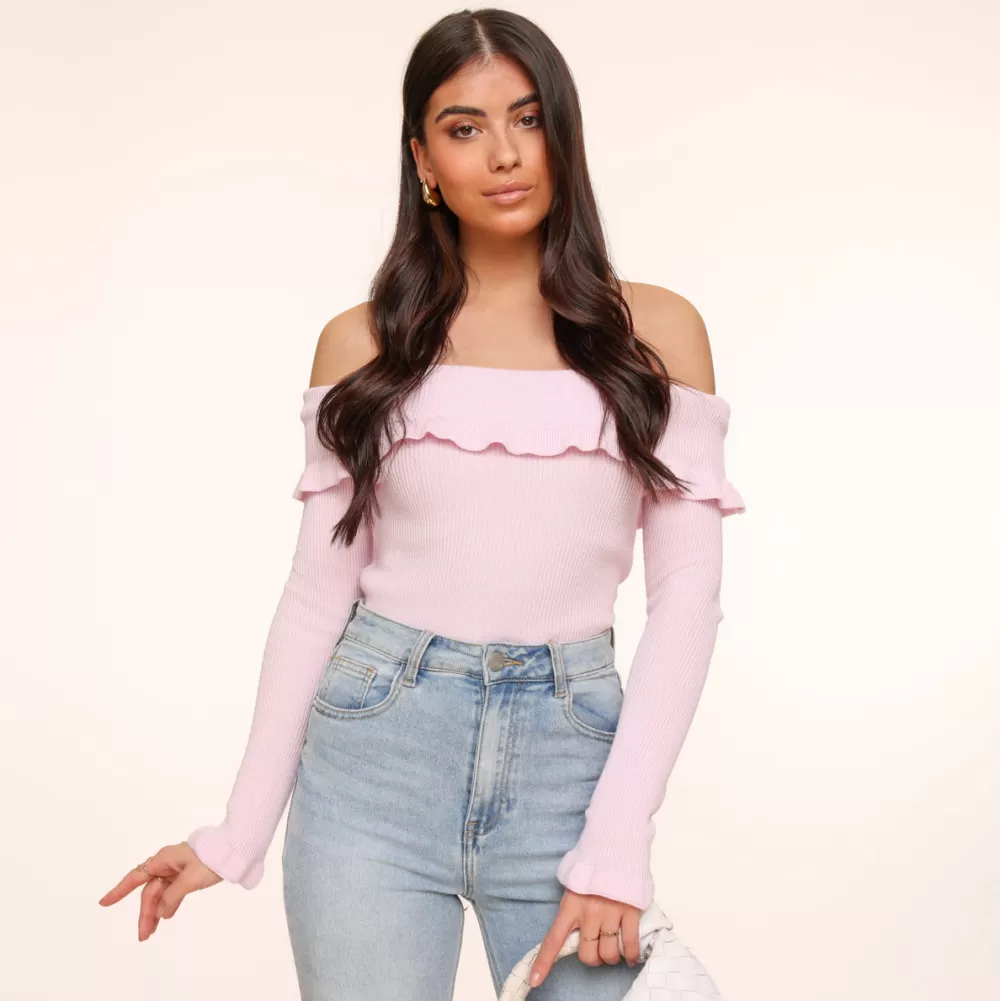 Light Pink Elastic Ruffel Off Shoulder-Top<Olivia & Kate Store