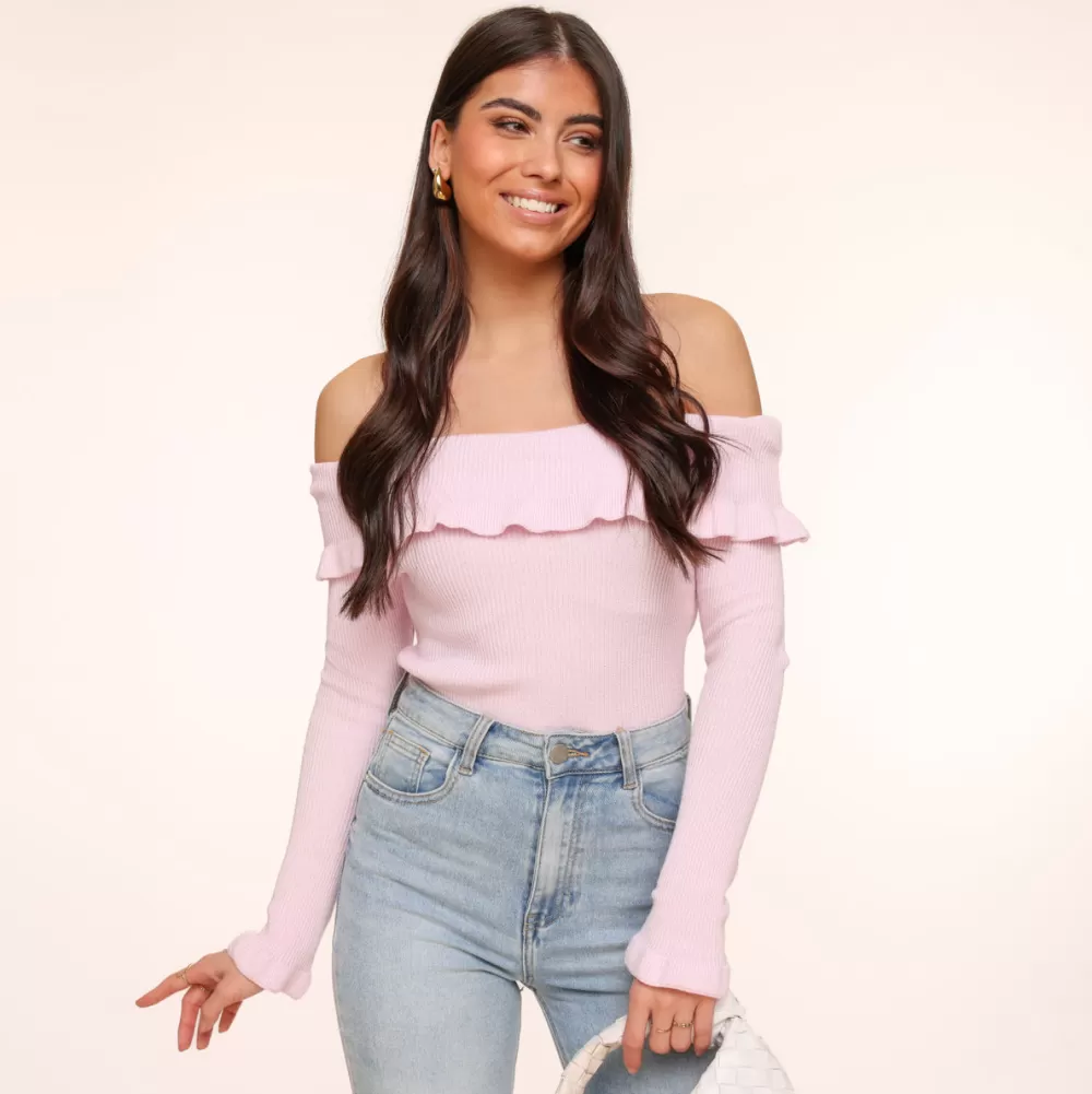 Light Pink Elastic Ruffel Off Shoulder-Top<Olivia & Kate Store