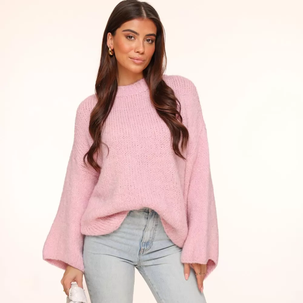 Light Pink Wool Knitted Wide Sleeves-Sweater<Olivia & Kate New