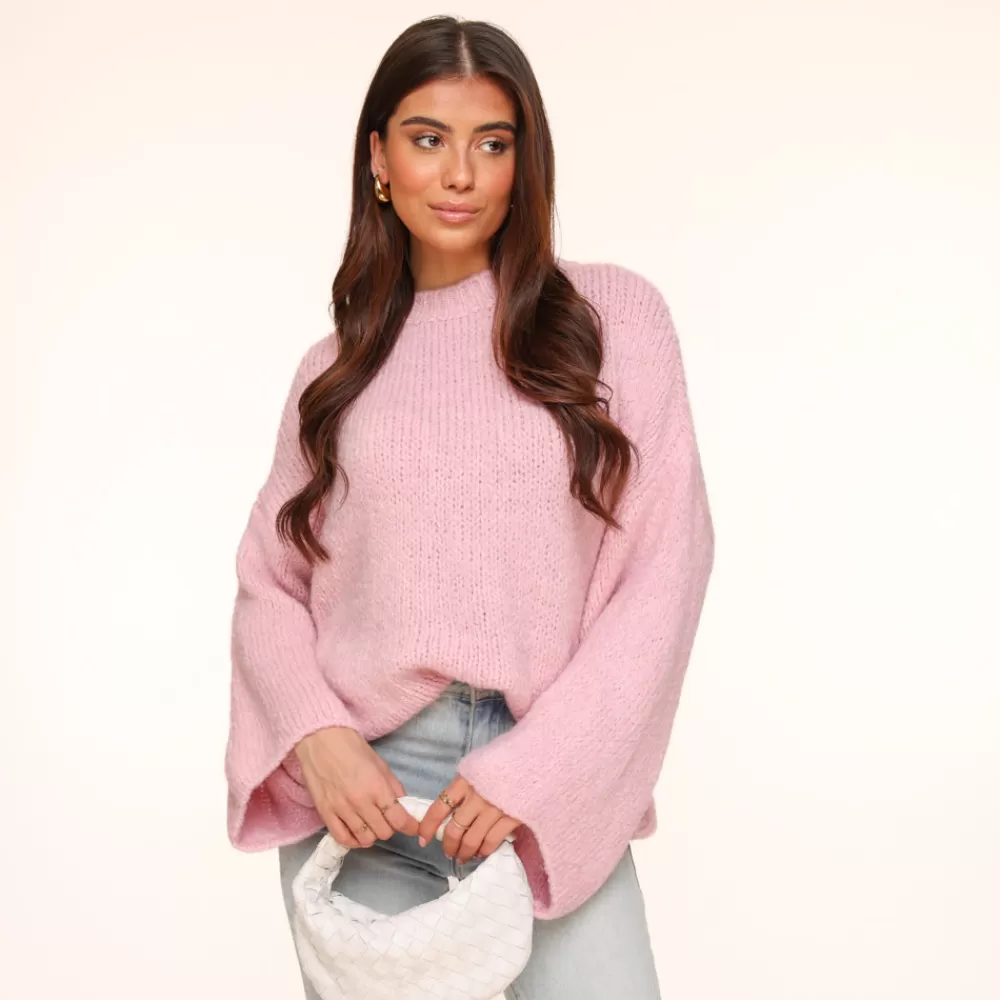 Light Pink Wool Knitted Wide Sleeves-Sweater<Olivia & Kate New