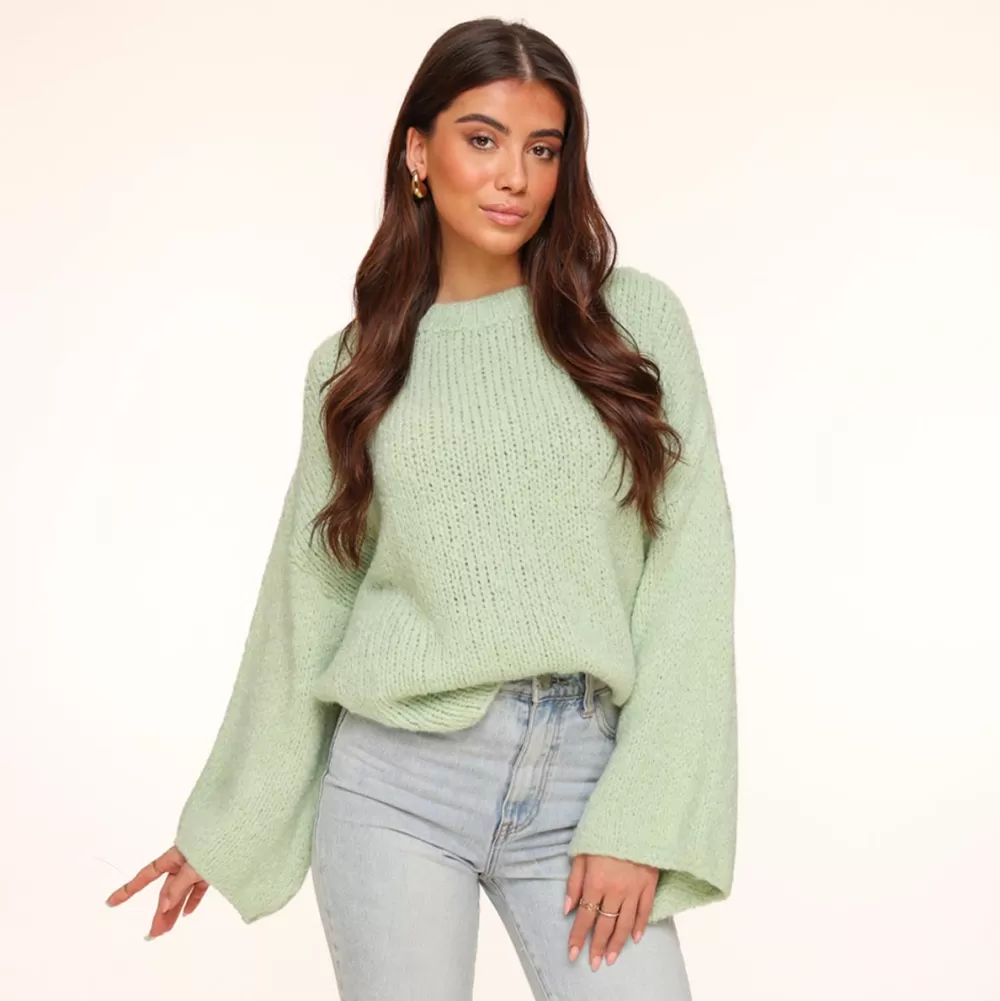 Mint Green Wool Knitted Wide Sleeve-Sweater<Olivia & Kate Clearance