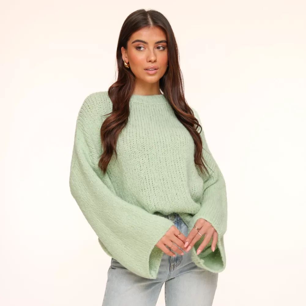 Mint Green Wool Knitted Wide Sleeve-Sweater<Olivia & Kate Clearance