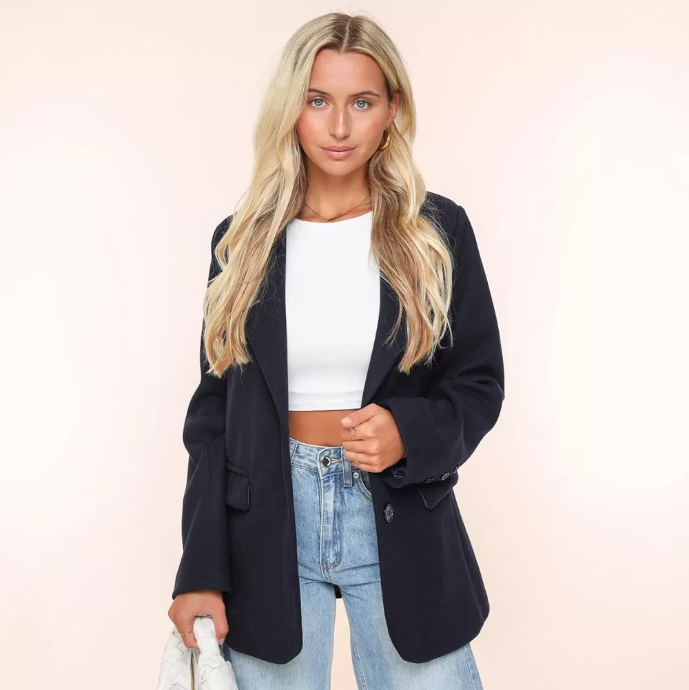 Navy Oversized Wool Look-Blazer<Olivia & Kate Clearance