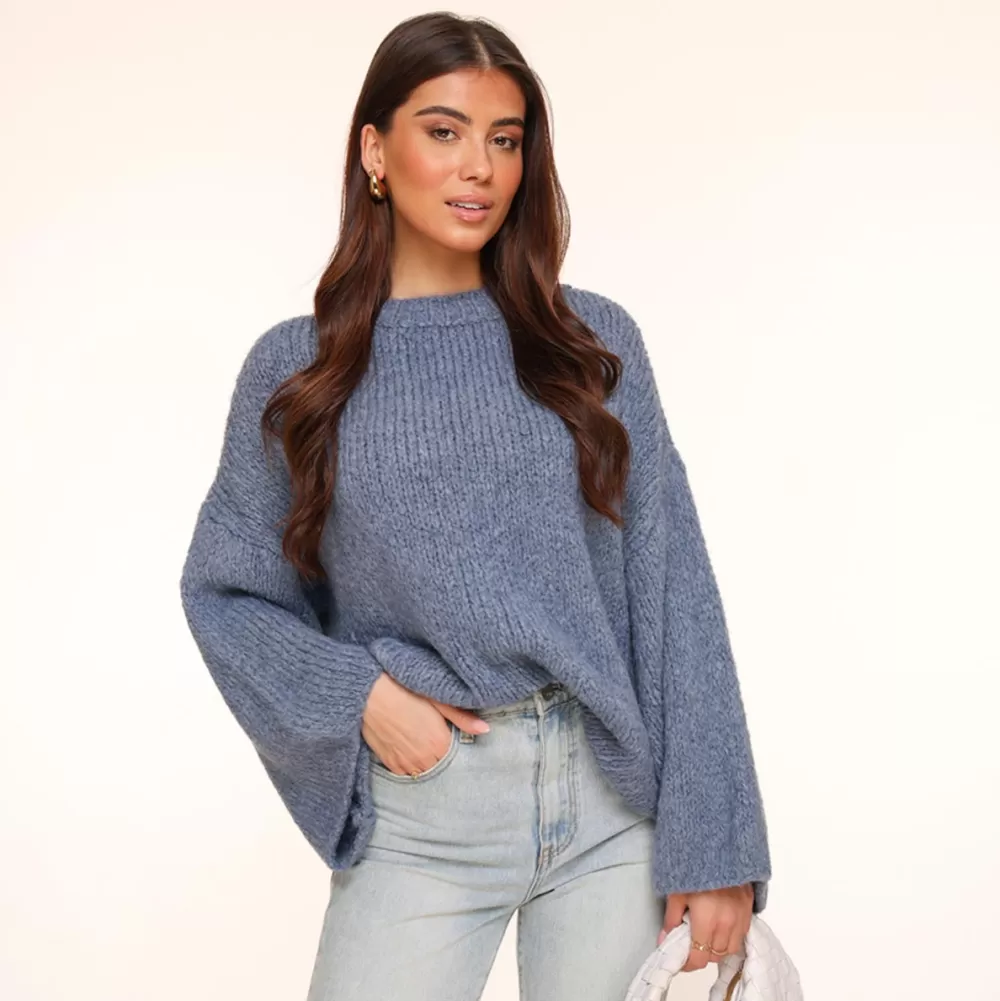 Navy Wool Knitted Wide Sleeves-Sweater<Olivia & Kate Clearance