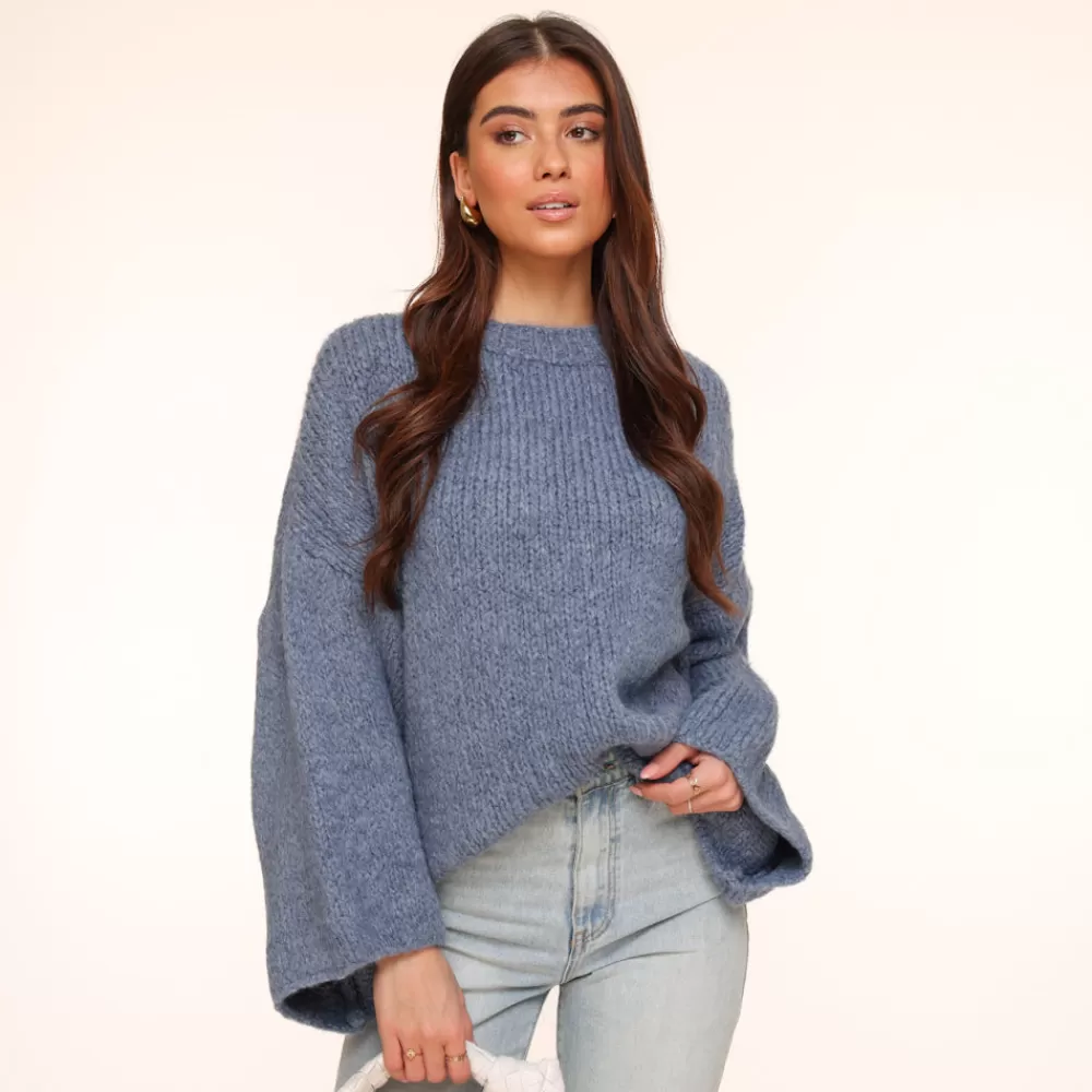 Navy Wool Knitted Wide Sleeves-Sweater<Olivia & Kate Clearance