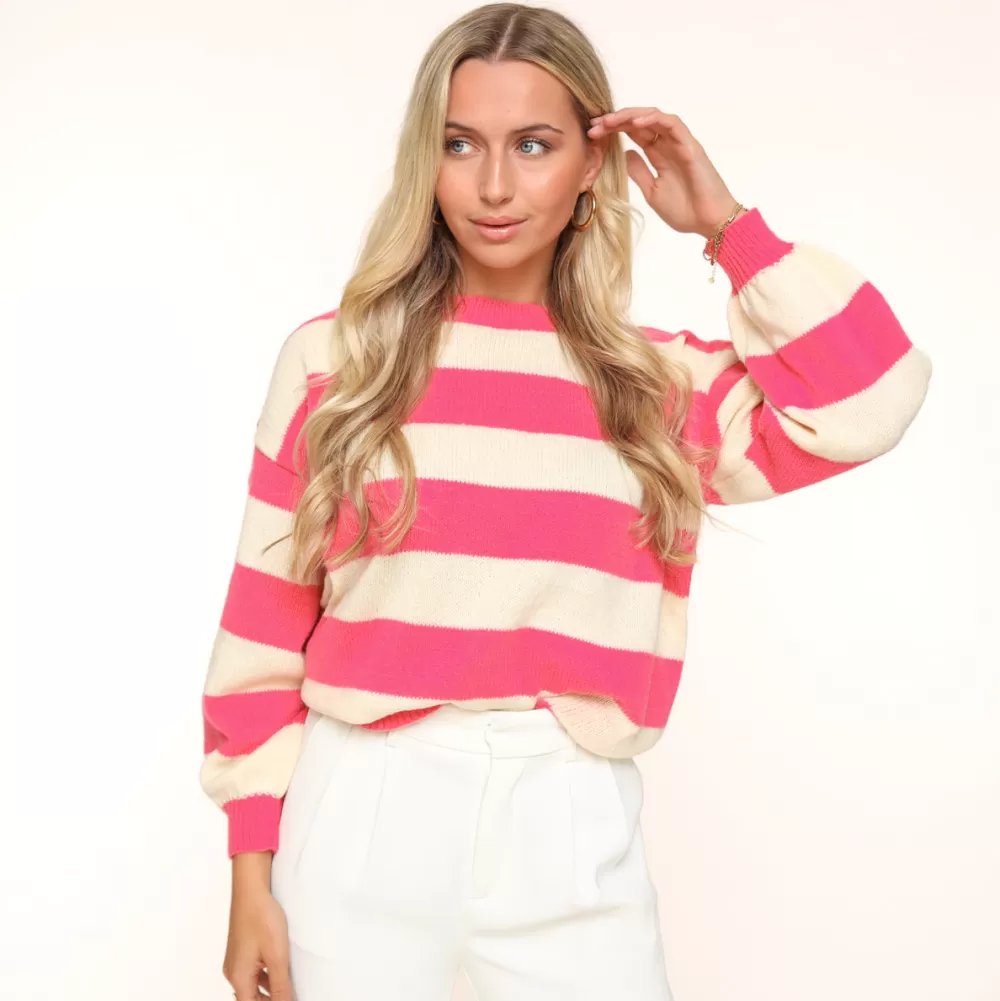 Pink Wide White Striped Knitted-Sweater<Olivia & Kate Shop