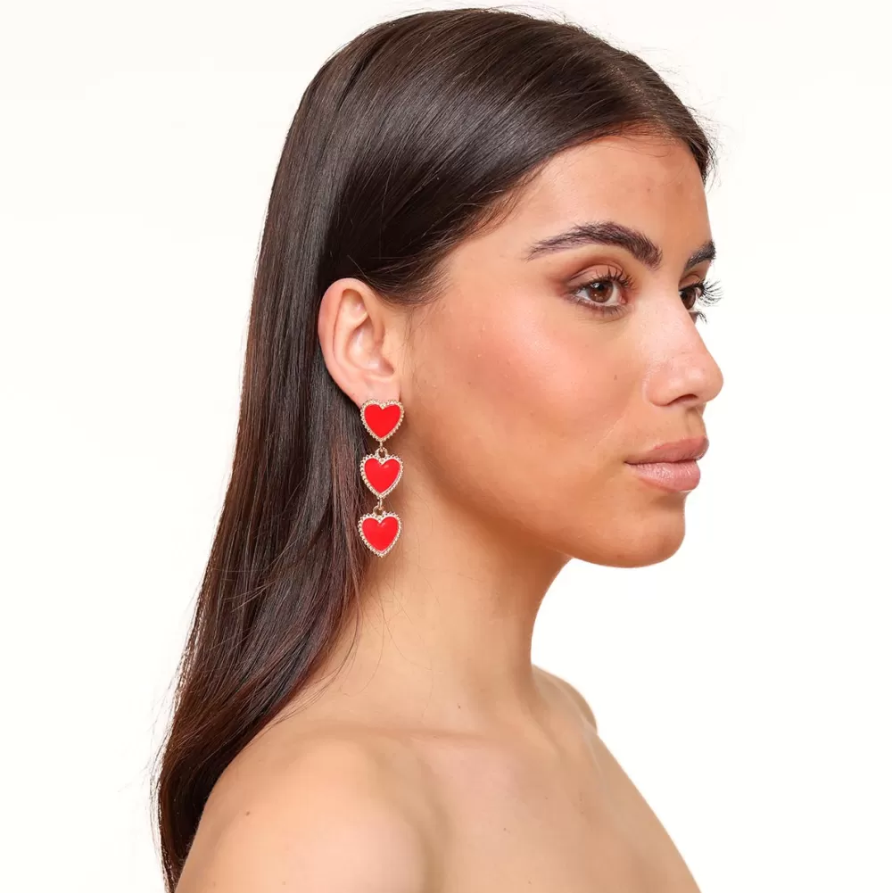 Red Detailed Row Heart-Earrings<Olivia & Kate Sale