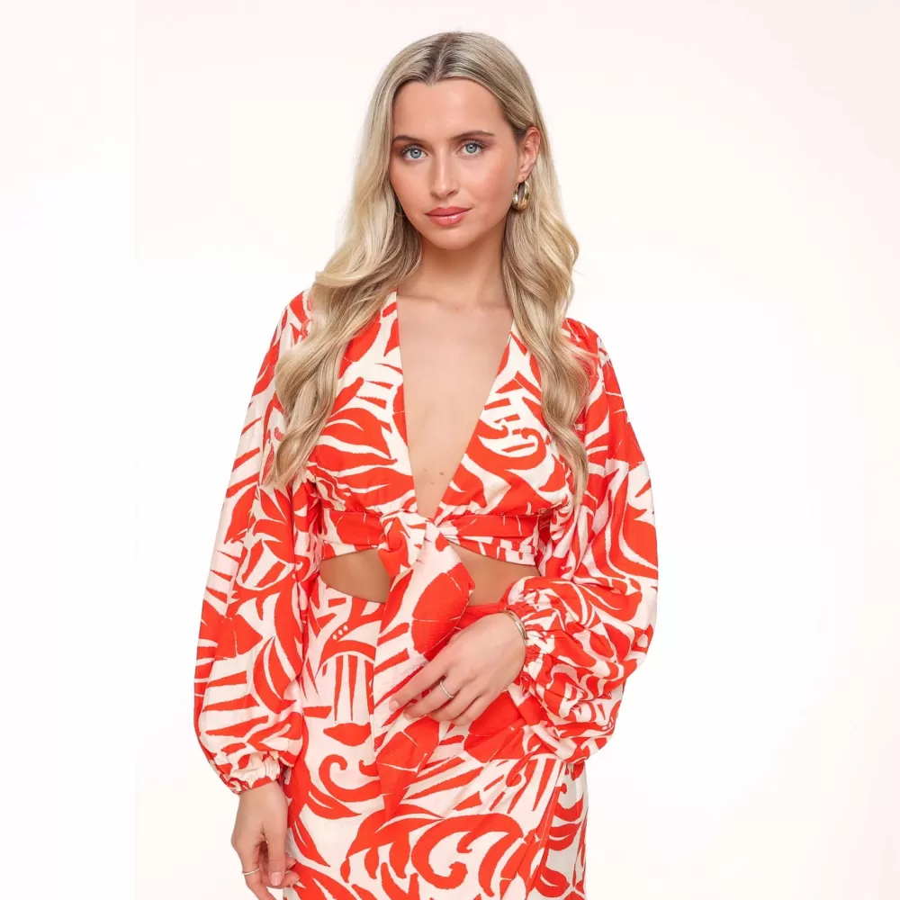 Red Pattern Tie Balloon Sleeves-Top<Olivia & Kate Cheap