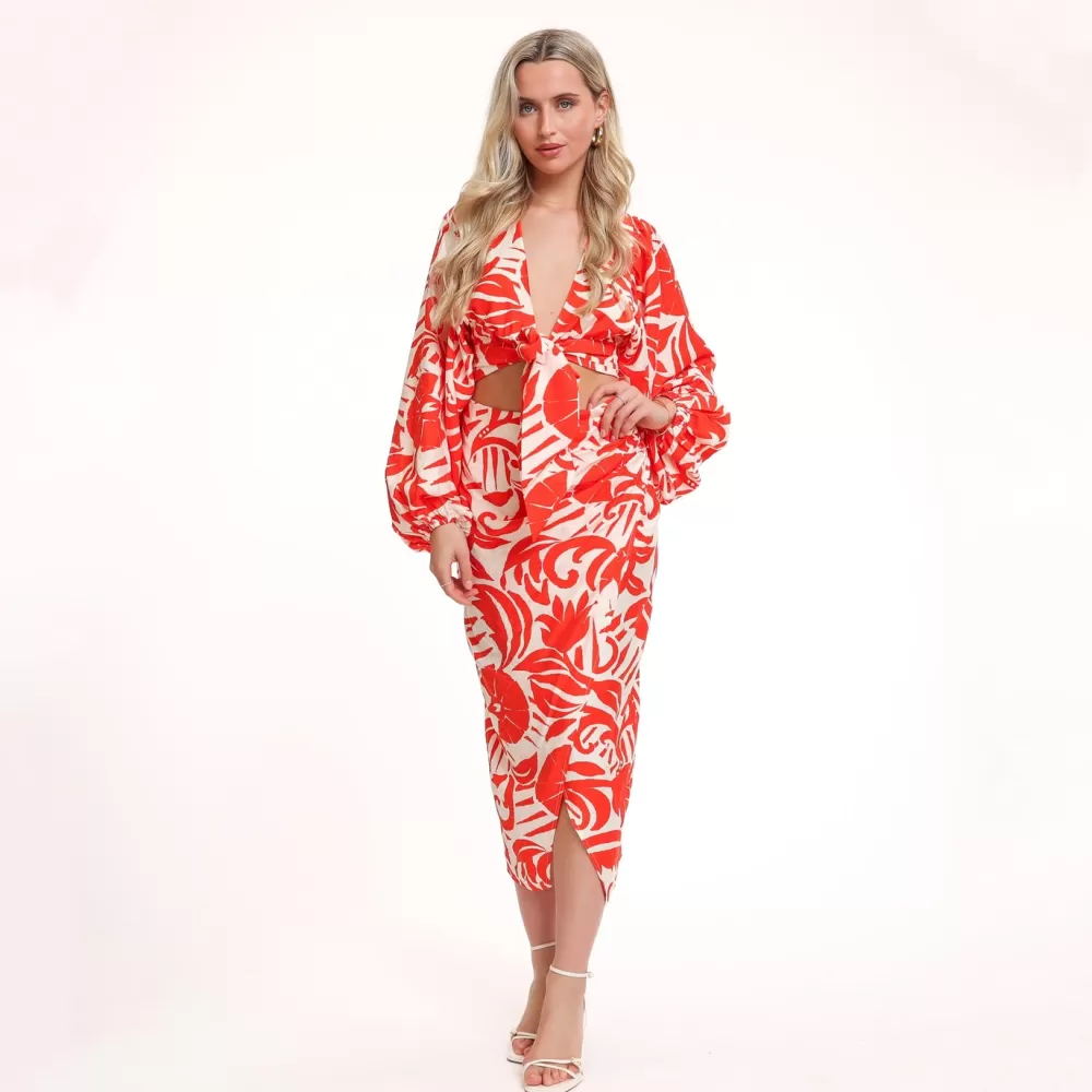 Red Pattern Tie Balloon Sleeves-Top<Olivia & Kate Cheap