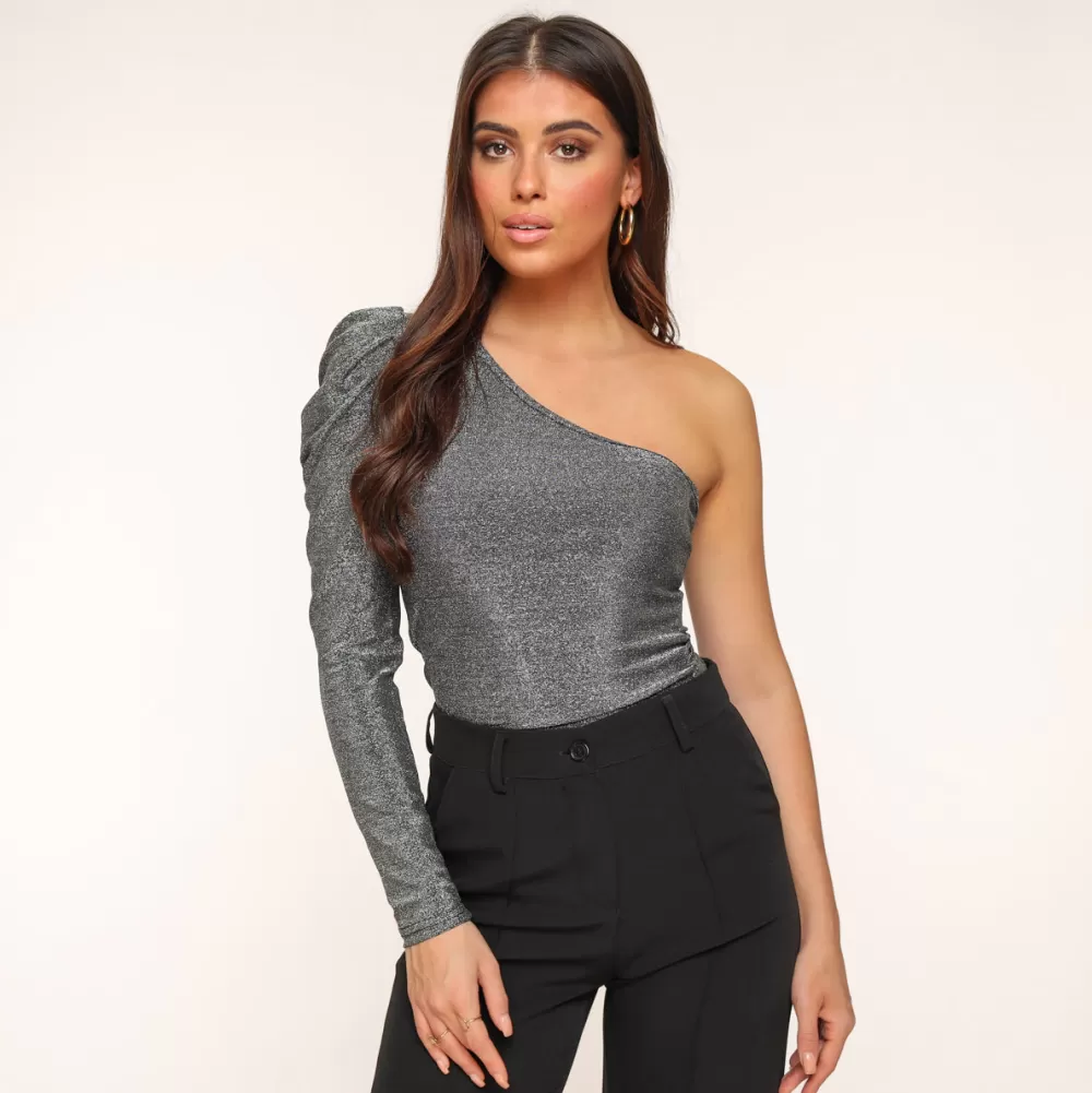 Silver Glitter One Sleeve-Top<Olivia & Kate Sale