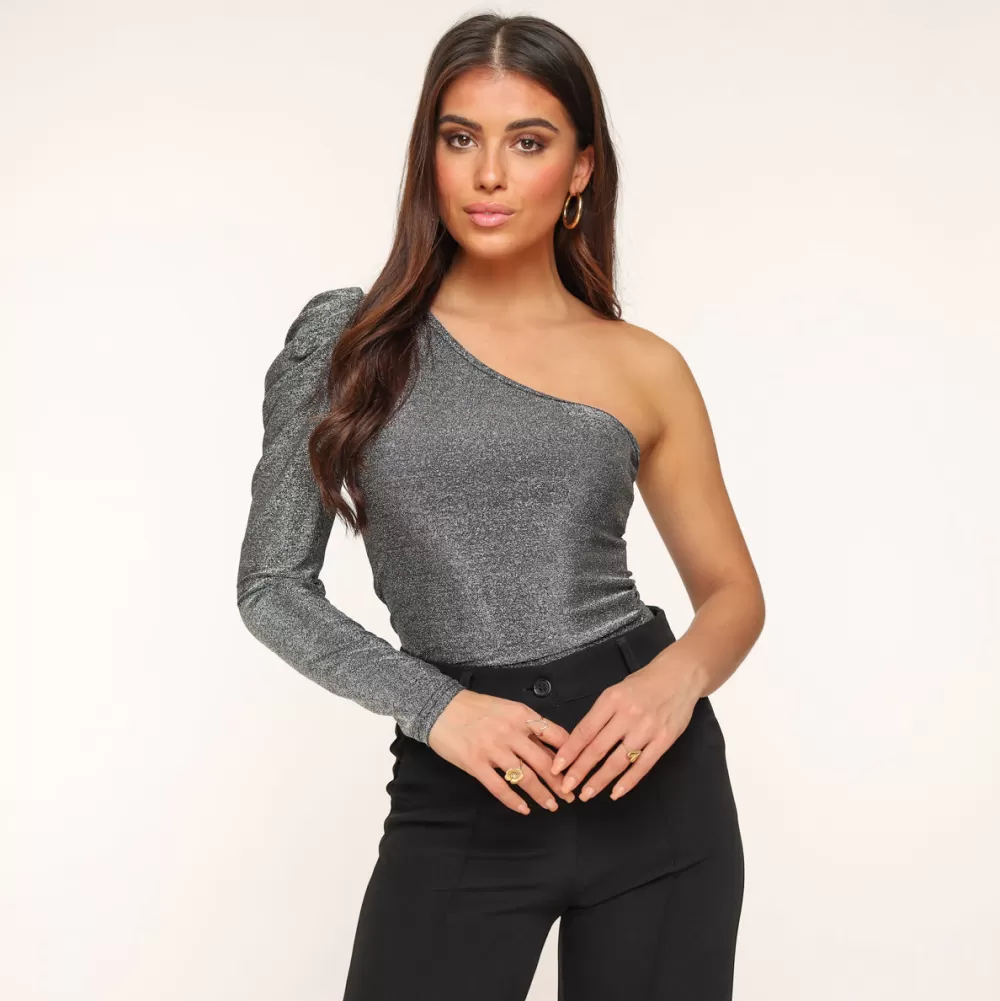 Silver Glitter One Sleeve-Top<Olivia & Kate Sale