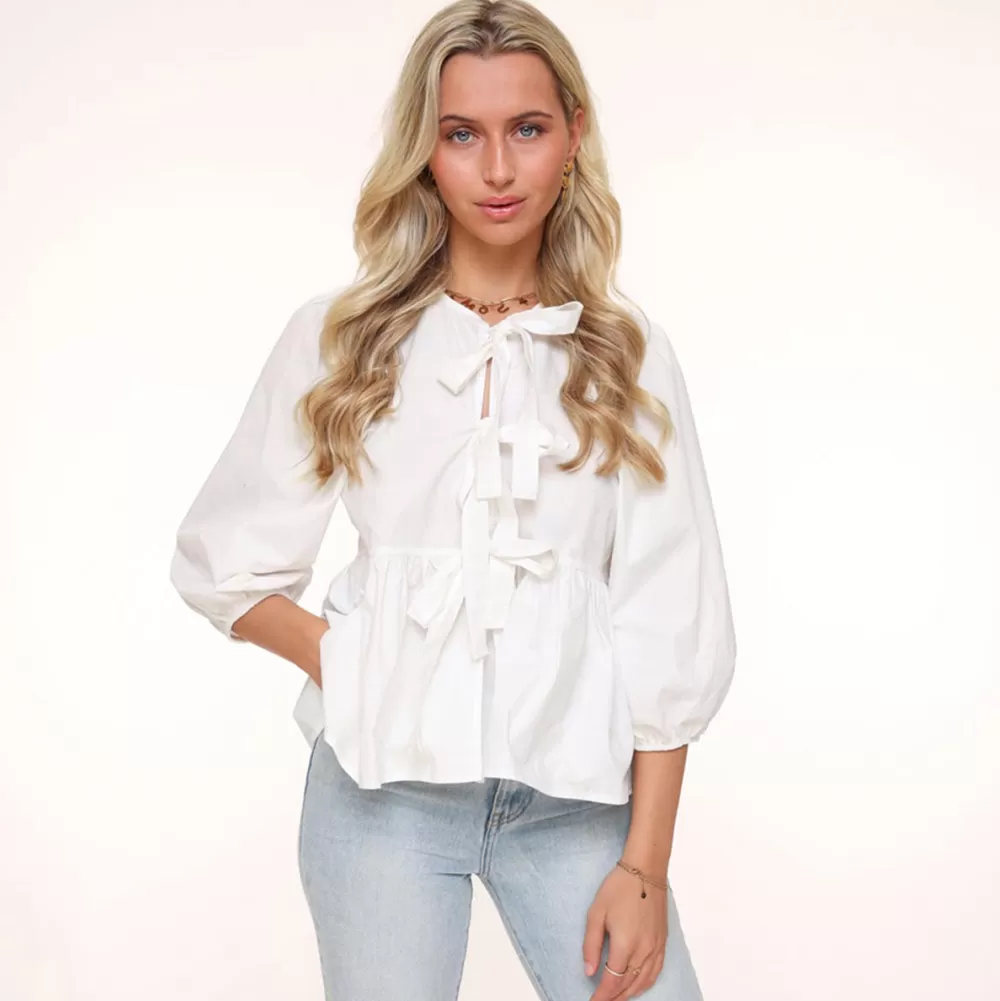 White Bow Ties 3/4 Sleeves-Blouse<Olivia & Kate Store