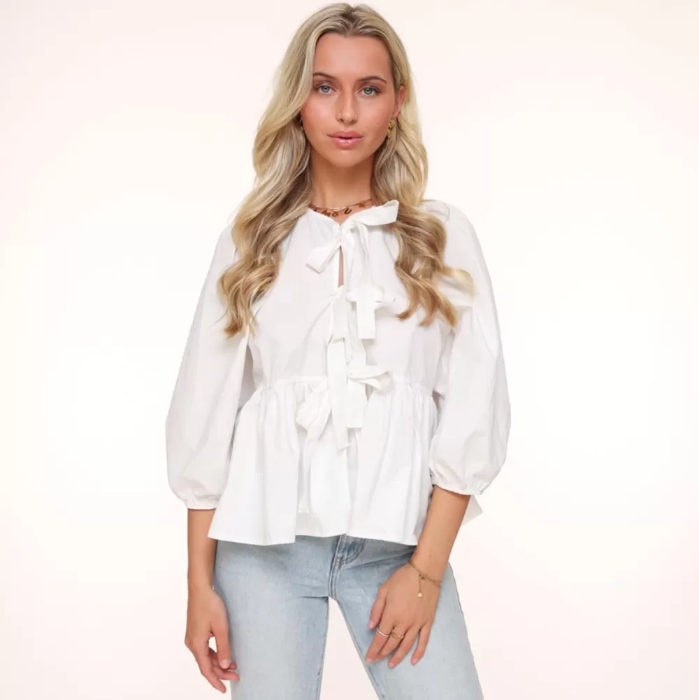 White Bow Ties 3/4 Sleeves-Blouse<Olivia & Kate Store