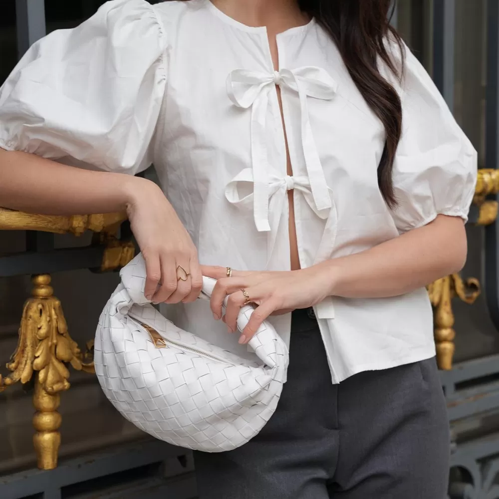 White Bow Ties Short Puf Sleeves-Top<Olivia & Kate Sale