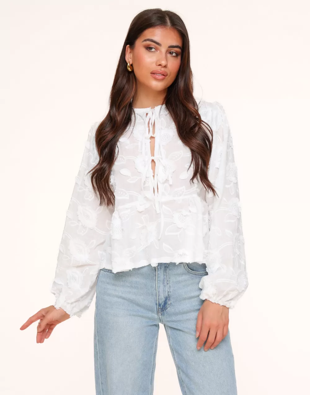 White Flowers Long Sleeves Bow Ties-Blouse<Olivia & Kate Discount