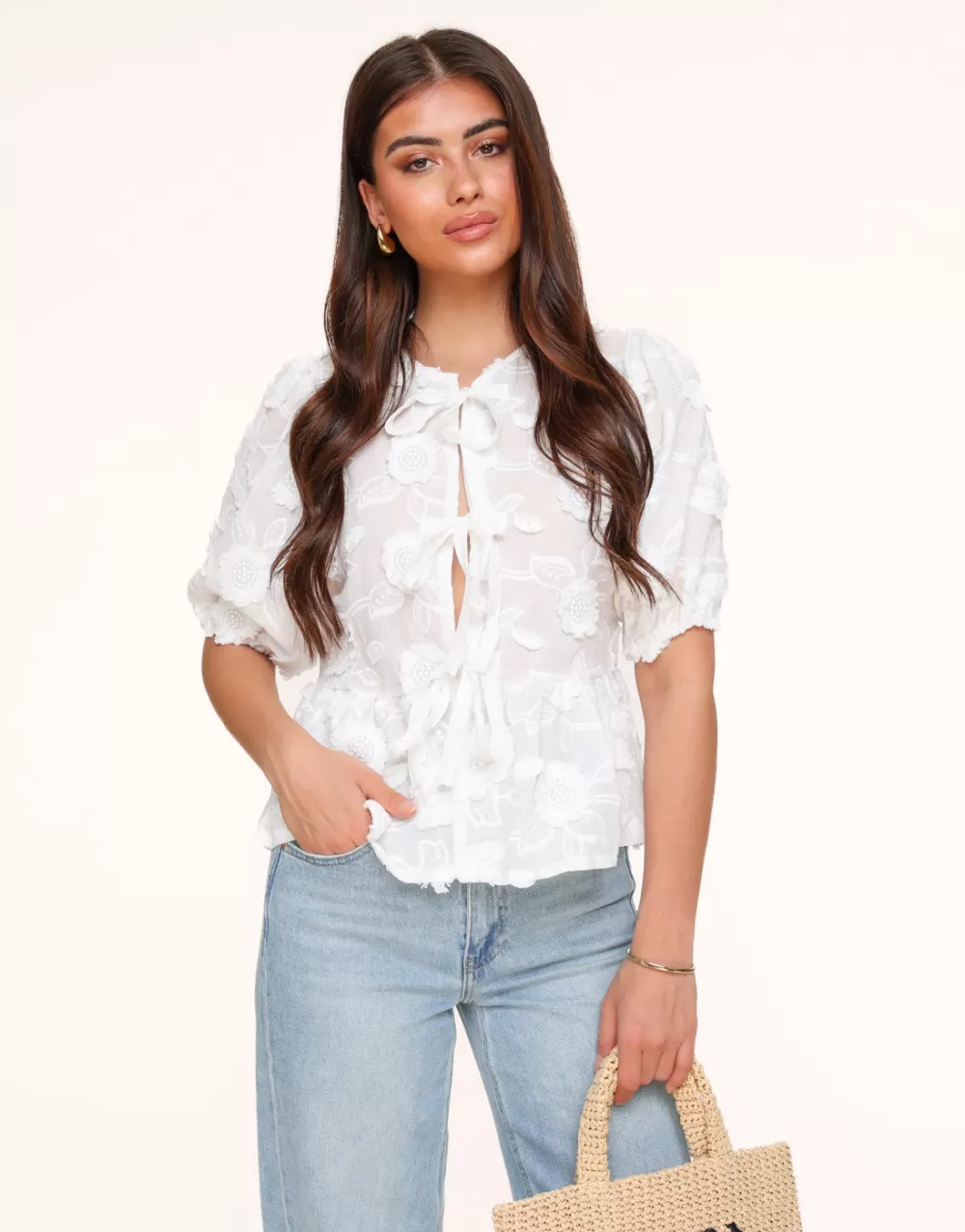 White Flowers Short Puff Sleeves Bow Ties-Blouse<Olivia & Kate Flash Sale