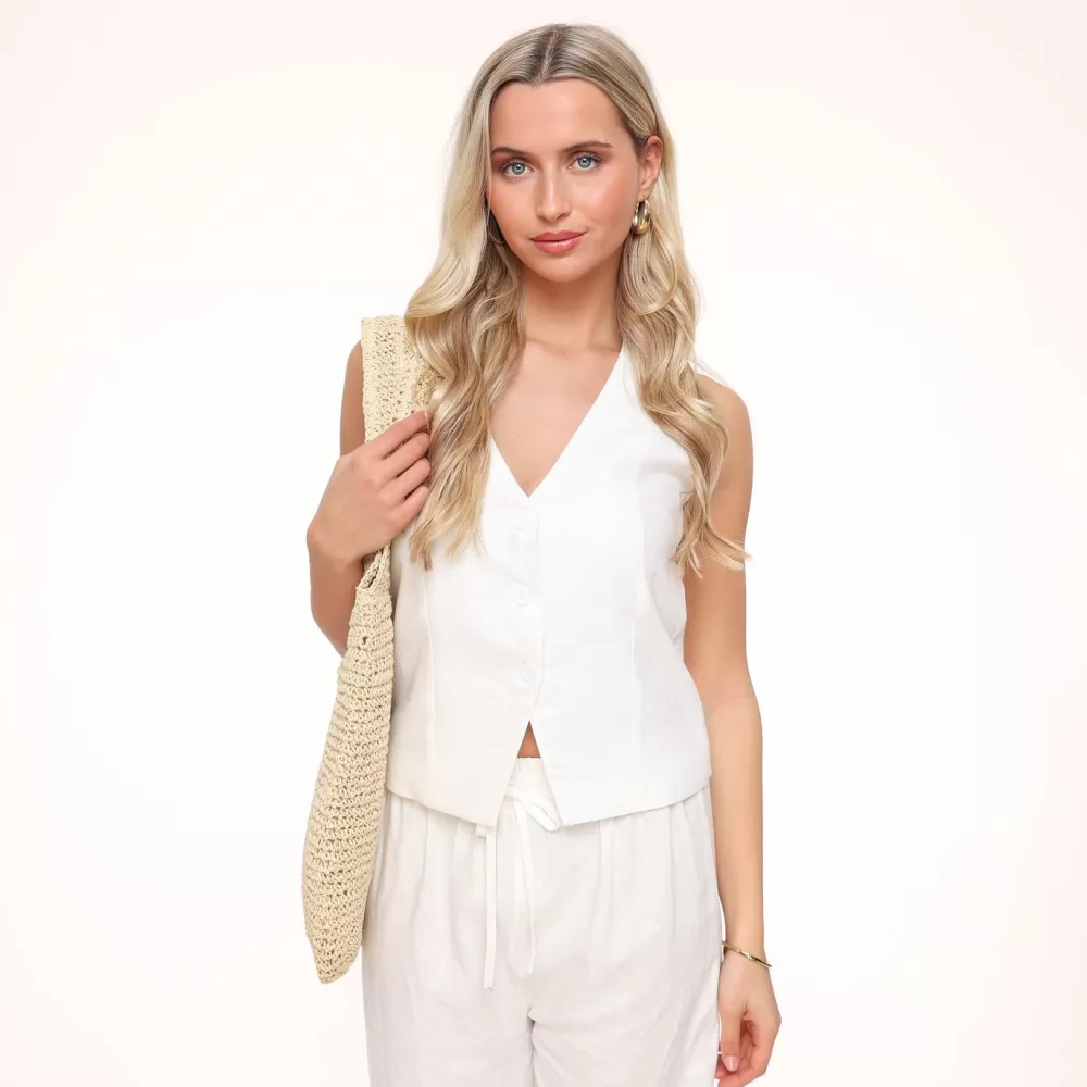 White Low V-Neck Linen-Gilet<Olivia & Kate Cheap